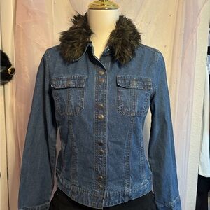 French Cuff Blue Jean Jacket with Black Faux Fur Collar